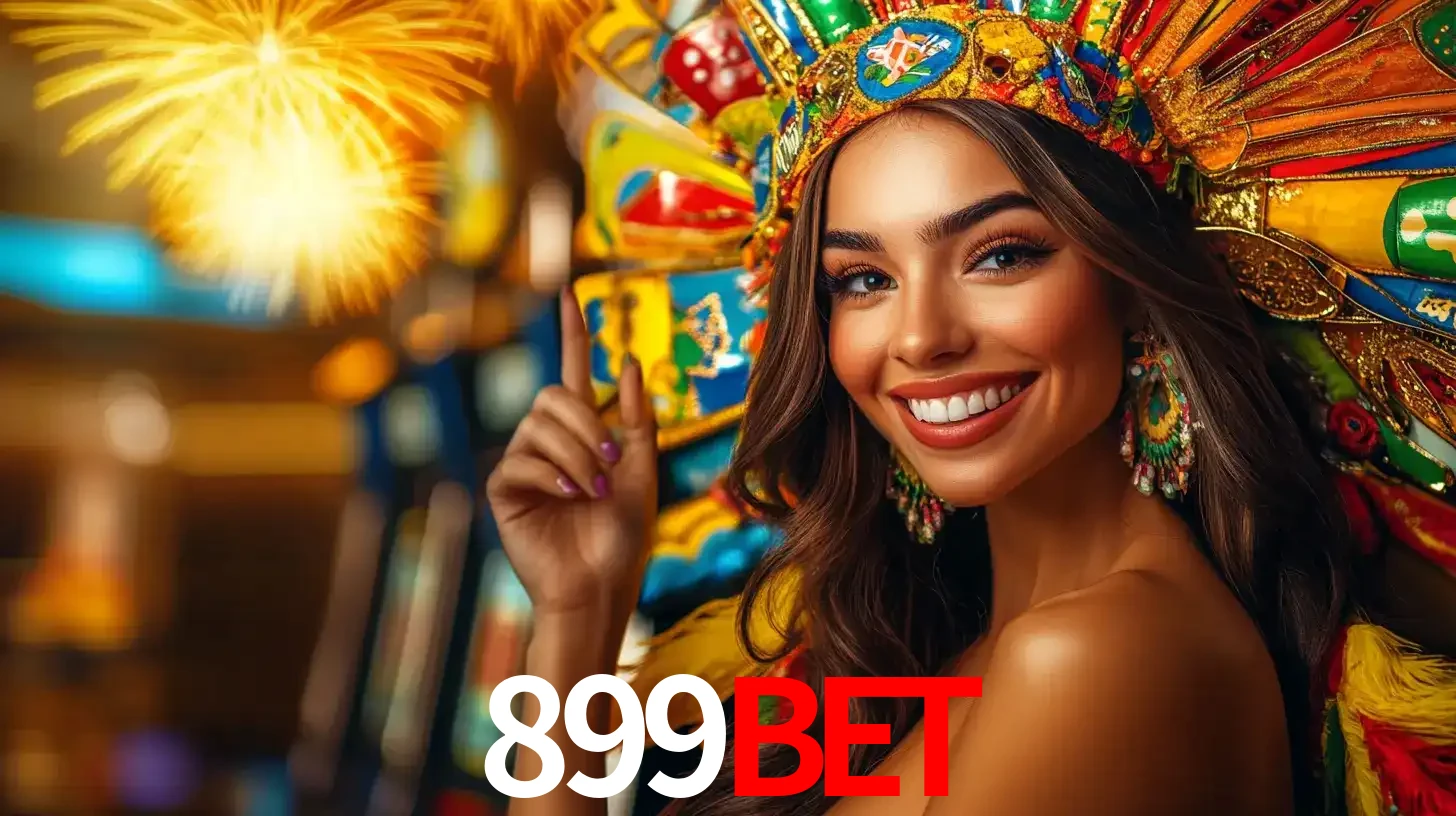 Mulher sorridente com um cocar de carnaval vibrante e colorido, celebrando uma grande vitória nos jogos do cassino 899BET com fogos de artifício ao fundo.