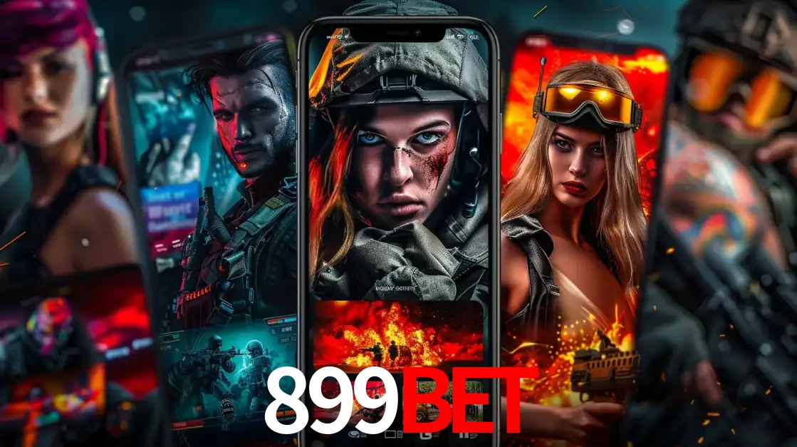 Montagem de telas de celular mostrando diversos personagens, masculinos e femininos, de um jogo de tiro, ilustrando a diversidade de equipes de e-sports para apostar no 899BET.