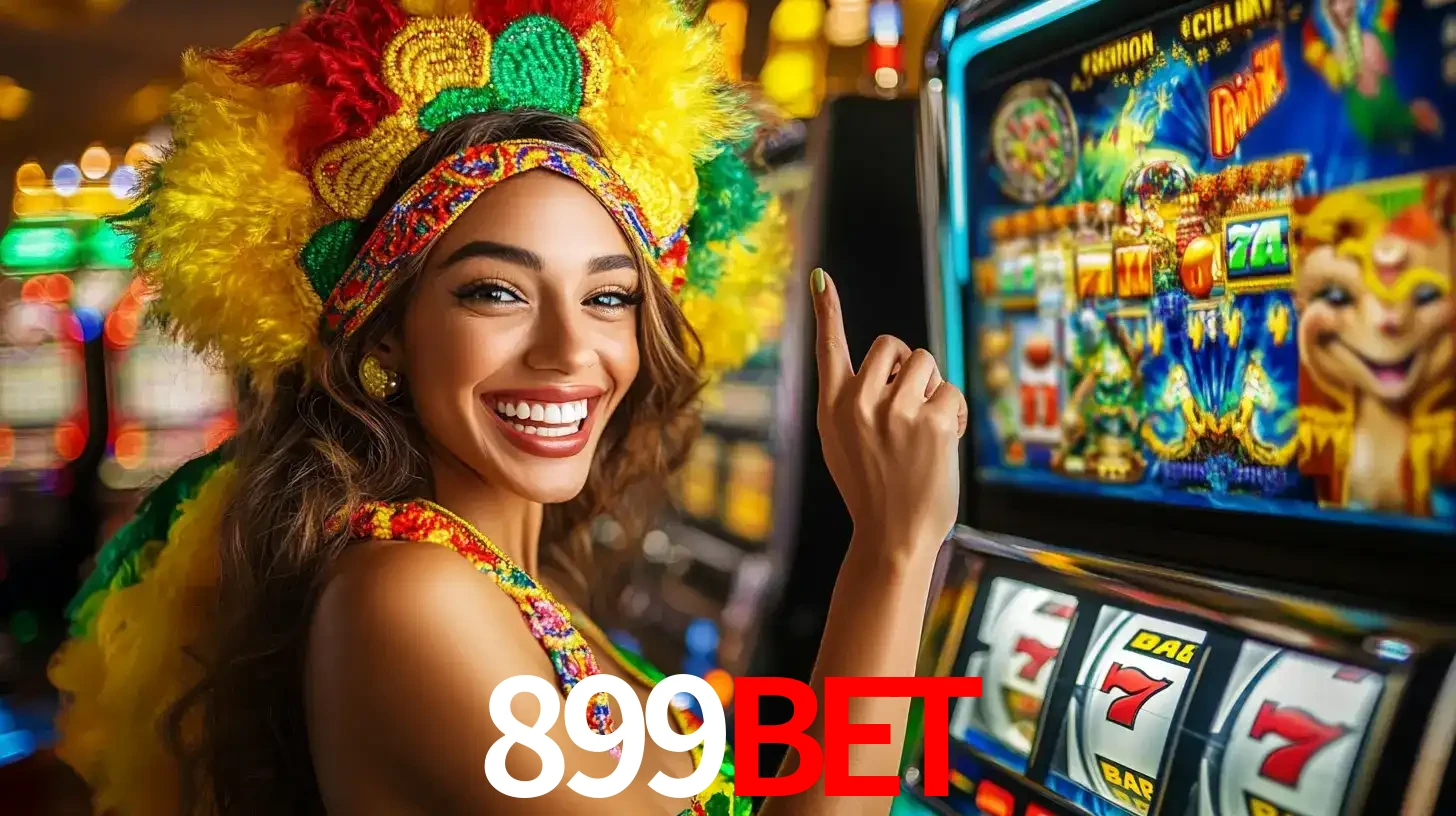 Mulher animada com um cocar de carnaval apontando para uma máquina de caça-níqueis, mostrando a emoção de ganhar um grande prêmio nos jogos do 899BET.