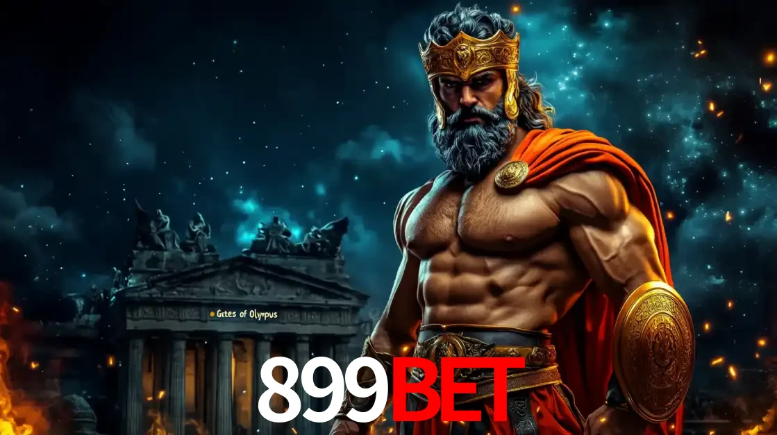 O poderoso Zeus do jogo de slot Gates of Olympus em frente ao seu templo, pronto para lançar multiplicadores divinos e prêmios épicos no cassino online 899BET.