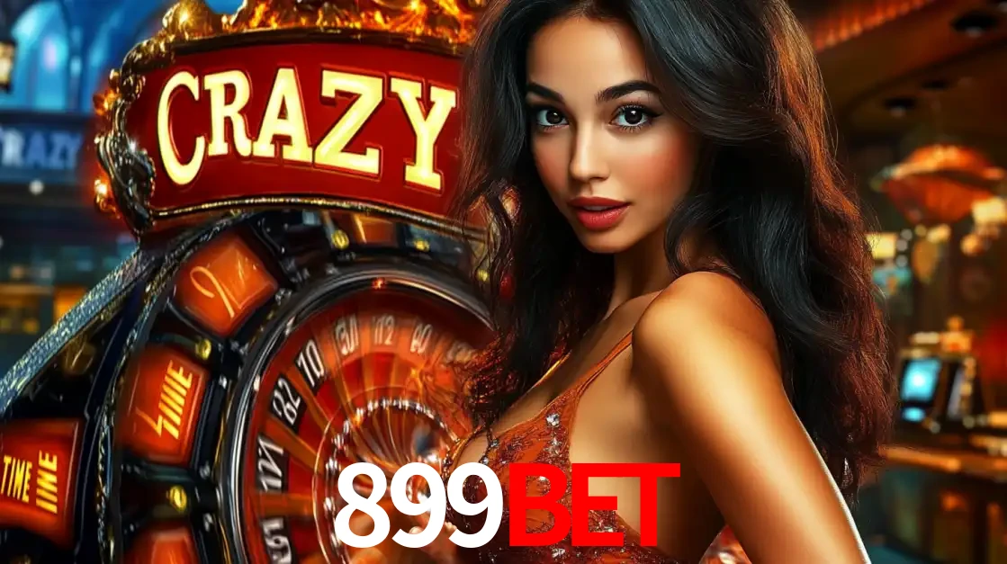 Mulher glamourosa olhando para a câmera com a roda vermelha do Crazy Time ao fundo em um ambiente de cassino, destacando a emoção dos jogos ao vivo no 899BET.