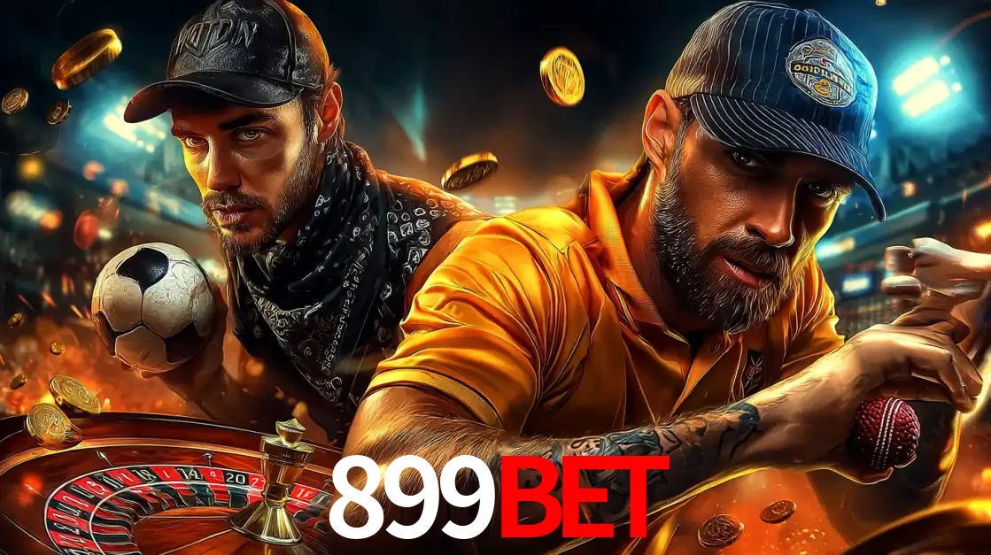 Montagem de apostas esportivas e cassino no 899BET, com um homem segurando uma bola de futebol e outro uma de beisebol sobre uma roleta e moedas voadoras.