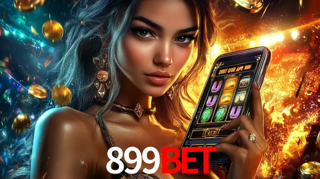 Mulher elegante mostrando um jogo de caça-níqueis em seu smartphone, destacando a experiência de cassino móvel oferecida pelo aplicativo 899BET.