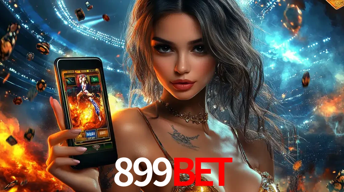 Mulher segurando um celular com um jogo de slot em destaque, tendo como fundo um estádio vibrante, simbolizando a emoção de jogar no cassino móvel 899BET.
