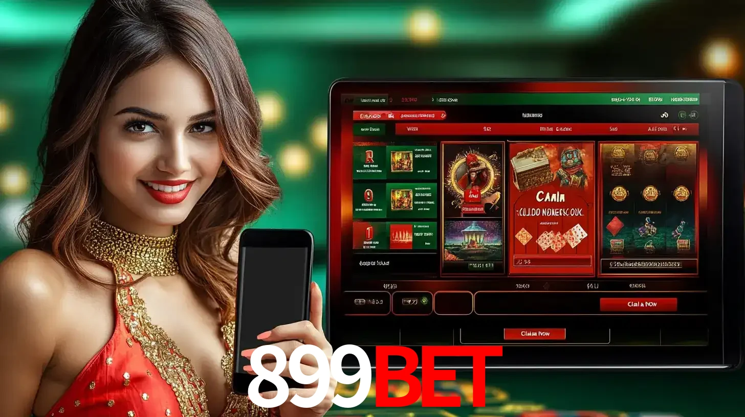 Mulher sorridente segurando um smartphone, ao lado de uma tela exibindo o lobby de jogos do cassino online 899BET, com várias opções de jogos de cartas e slots.